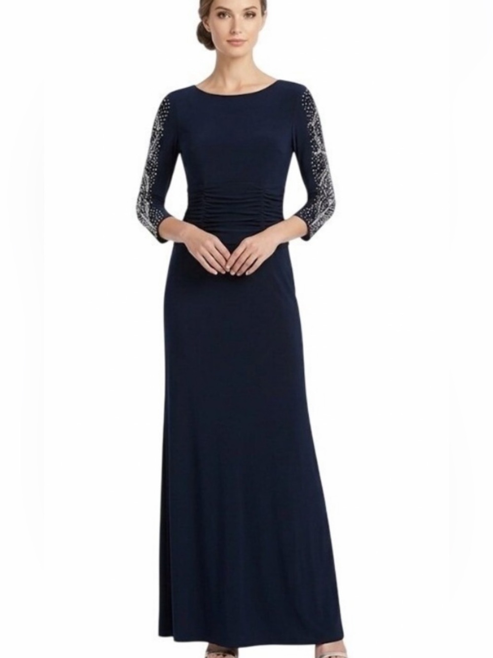 SLNY Black Long Sleeve Ruched Waist Evening Dress 14